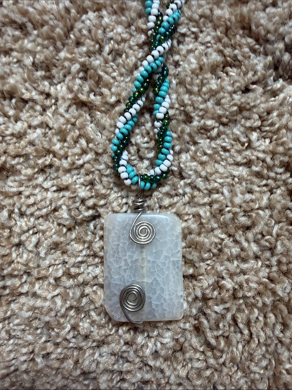 Handmade White Agate Pendant Necklace with Turquoise & Green Seed Beads